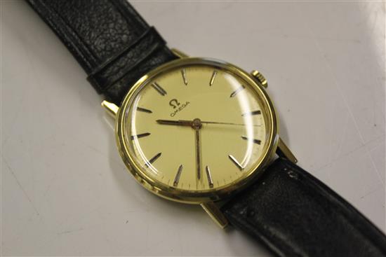 Omega gilt metal & steel-cased gents wristwatch, with gilt baton numerals & leather strap with Omega buckle